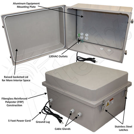 Altelix 16x20x12 Fiberglass Weatherproof NEMA Enclosure with Aluminum Mounting Plate, 120 VAC Outlets & Power Cord - Nema Supply