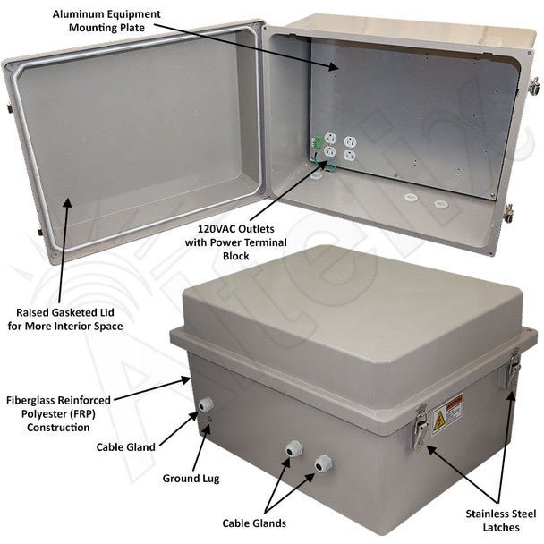Altelix 16x20x12 Fiberglass Weatherproof NEMA Enclosure with Aluminum Mounting Plate and 120 VAC Outlets - Nema Supply