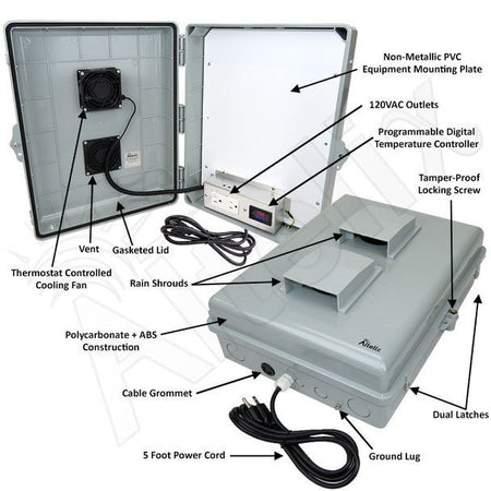 Altelix 17x14x6 Polycarbonate + ABS Vented Indoor / Outdoor RF Transparent Enclosure with PVC Non - Metallic Equipment Mounting Plate, 120 VAC Outlets, Power Cord & Cooling Fan with Digital Temperature Controller - Nema Supply