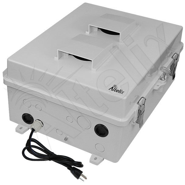 Altelix 17x14x6 Vented Polycarbonate + ABS Weatherproof NEMA Enclosure with 120 VAC Outlets, Power Cord & 85°F Turn-On Cooling Fan - Nema Supply
