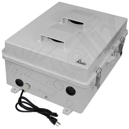 Altelix 17x14x6 Vented Polycarbonate + ABS Weatherproof NEMA Enclosure with 120 VAC Outlets, Power Cord & 85°F Turn-On Cooling Fan - Nema Supply
