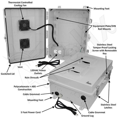 Altelix 17x14x6 Vented Polycarbonate + ABS Weatherproof NEMA Enclosure with 120 VAC Outlets, Power Cord & 85°F Turn-On Cooling Fan - Nema Supply
