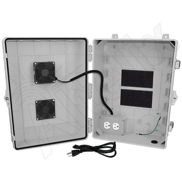 Altelix 17x14x6 Vented Polycarbonate + ABS Weatherproof NEMA Enclosure with 120 VAC Outlets, Power Cord & 85°F Turn-On Cooling Fan - Nema Supply