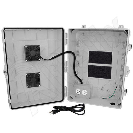 Altelix 17x14x6 Vented Polycarbonate + ABS Weatherproof NEMA Enclosure with 120 VAC Outlets, Power Cord & 85°F Turn-On Cooling Fan - Nema Supply