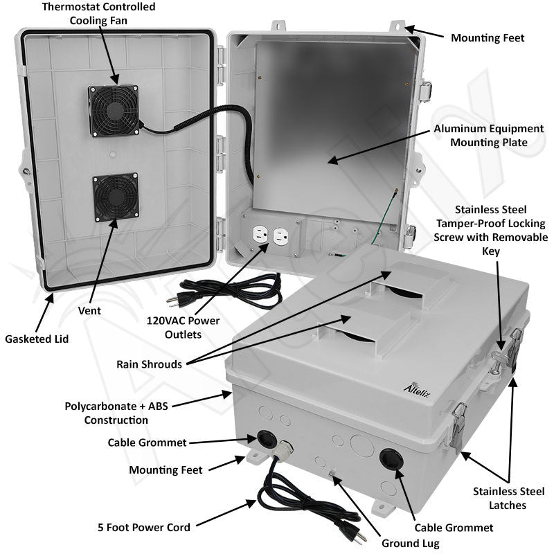 Altelix 17x14x7 Polycarbonate Vented Enclosure with Aluminum Equipment Mounting Plate, Cooling Fan, 120 VAC Outlets & Power Cord - Nema Supply