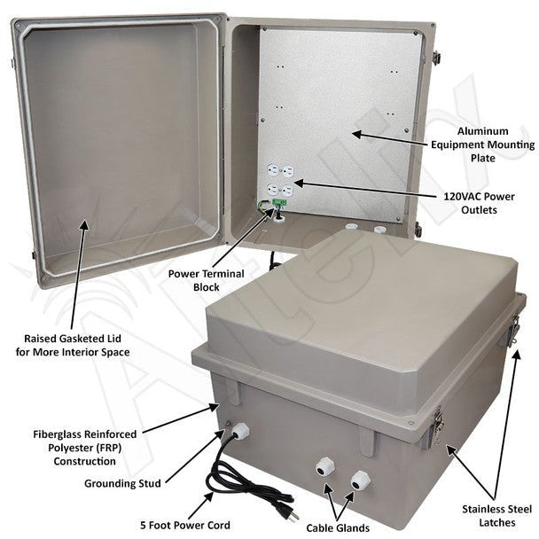 Altelix 20x16x12 Fiberglass Weatherproof NEMA Enclosure with Aluminum Mounting Plate, 120 VAC Outlets & Power Cord - Nema Supply