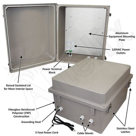 Altelix 20x16x12 Fiberglass Weatherproof NEMA Enclosure with Aluminum Mounting Plate, 120 VAC Outlets & Power Cord - Nema Supply