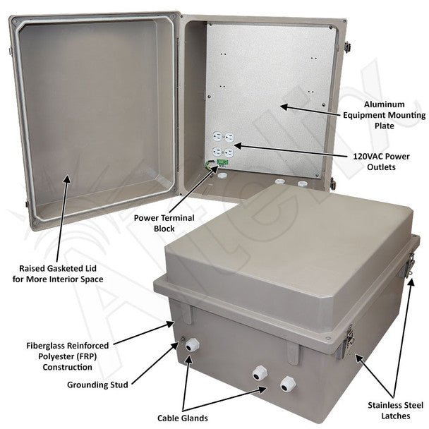 Altelix 20x16x12 Fiberglass Weatherproof NEMA Enclosure with Aluminum Mounting Plate and 120 VAC Outlets - Nema Supply