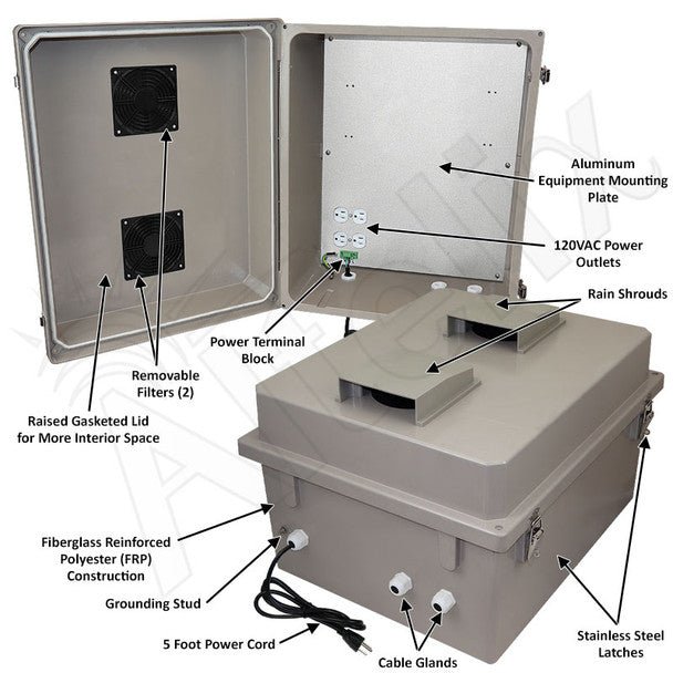 Altelix 20x16x12 Fiberglass Weatherproof Vented NEMA Enclosure with Aluminum Mounting Plate, 120V Outlets & Power Cord - Nema Supply