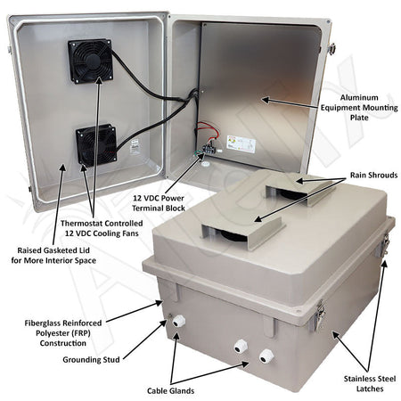 Altelix 20x16x12 Fiberglass Weatherproof Vented NEMA Enclosure with Dual 12 VDC Cooling Fans - Nema Supply