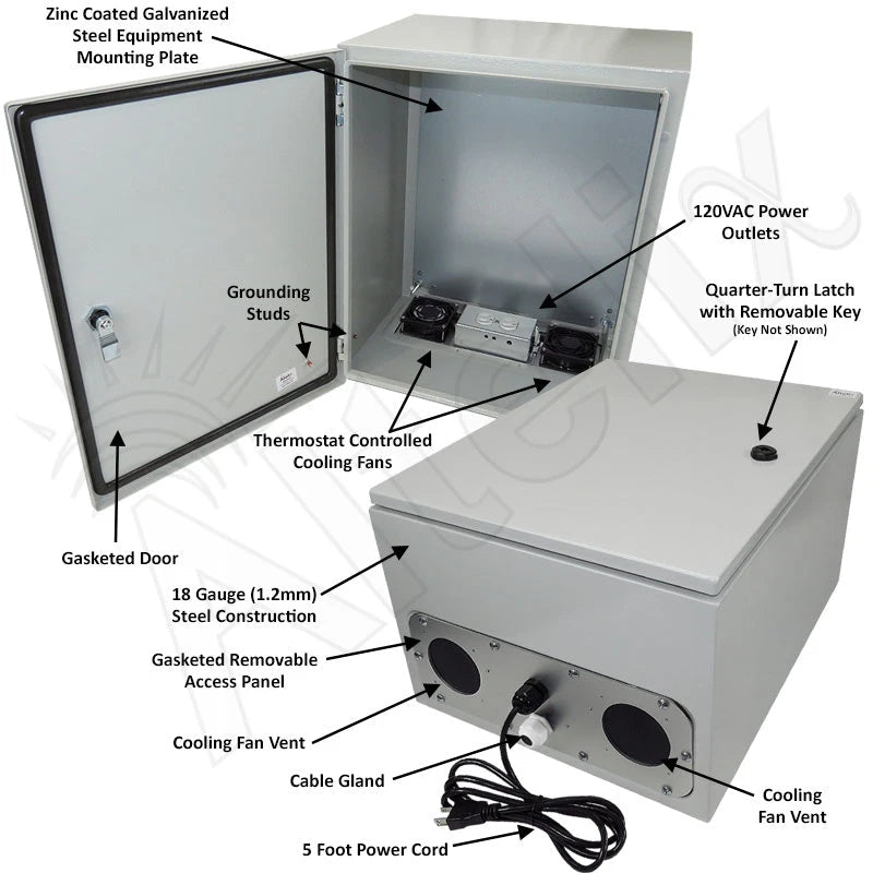Altelix 20x16x12 Steel Weatherproof NEMA Enclosure with Dual Cooling Fans, 120 VAC Outlets and Power Cord - Nema Supply