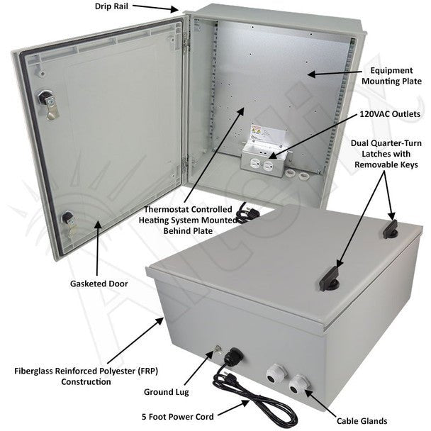 Altelix 20x16x8 NEMA 4X Fiberglass Heated Weatherproof Enclosure with Equipment Mounting Plate & 120 VAC Outlets & Power Cord - Nema Supply