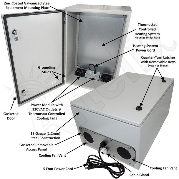 Altelix 24x16x12 Steel Heated Weatherproof NEMA Enclosure with Dual Cooling Fans, 200W Heater, 120 VAC Outlets and Power Cord - Nema Supply