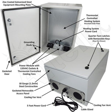 Altelix 24x16x12 Steel Heated Weatherproof NEMA Enclosure with Dual Cooling Fans, 200W Heater, 120 VAC Outlets and Power Cord - Nema Supply