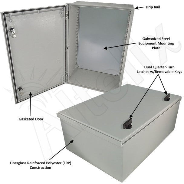 Altelix 24x16x9 NEMA 3X Fiberglass Weatherproof Enclosure with Blank Steel Equipment Mounting Plate - Nema Supply