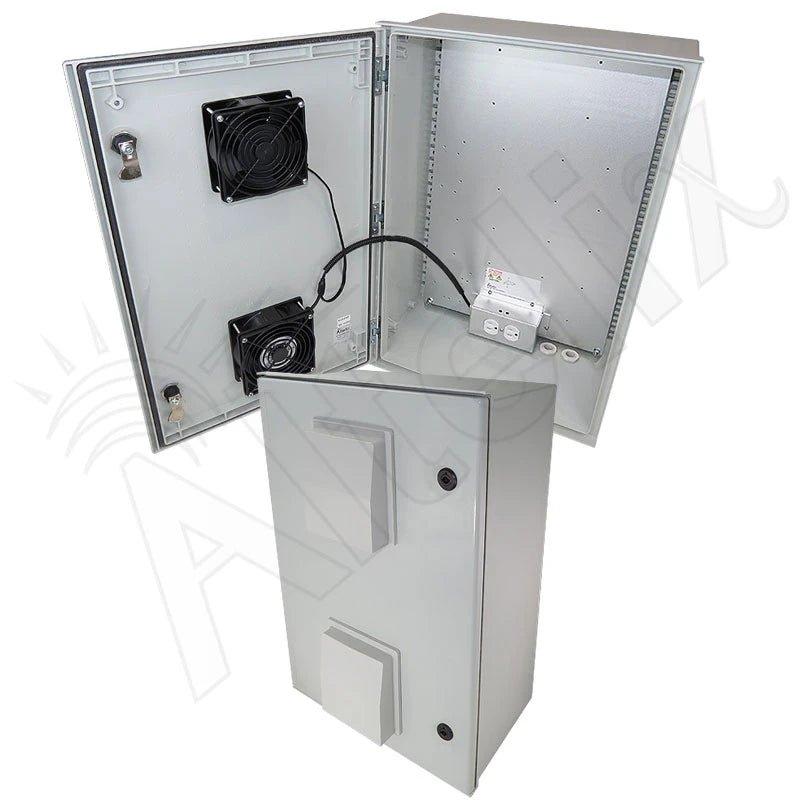 Altelix 24x16x9 Vented Fiberglass Heated Weatherproof NEMA Enclosure with Dual Cooling Fans, 400W Heater and 120 VAC Outlets & 85°F Turn-On Cooling Fans - Nema Supply