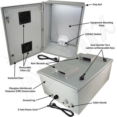 Altelix 24x16x9 Vented Fiberglass Weatherproof NEMA Enclosure with Equipment Mounting Plate, 120 VAC Outlets & Power Cord - Nema Supply