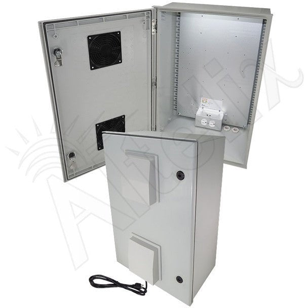 Altelix 24x16x9 Vented Fiberglass Weatherproof NEMA Enclosure with Equipment Mounting Plate, 120 VAC Outlets & Power Cord - Nema Supply