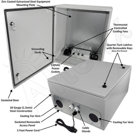 Altelix 24x20x12 Steel Weatherproof NEMA Enclosure with Dual Cooling Fans, 120 VAC Outlets and Power Cord - Nema Supply