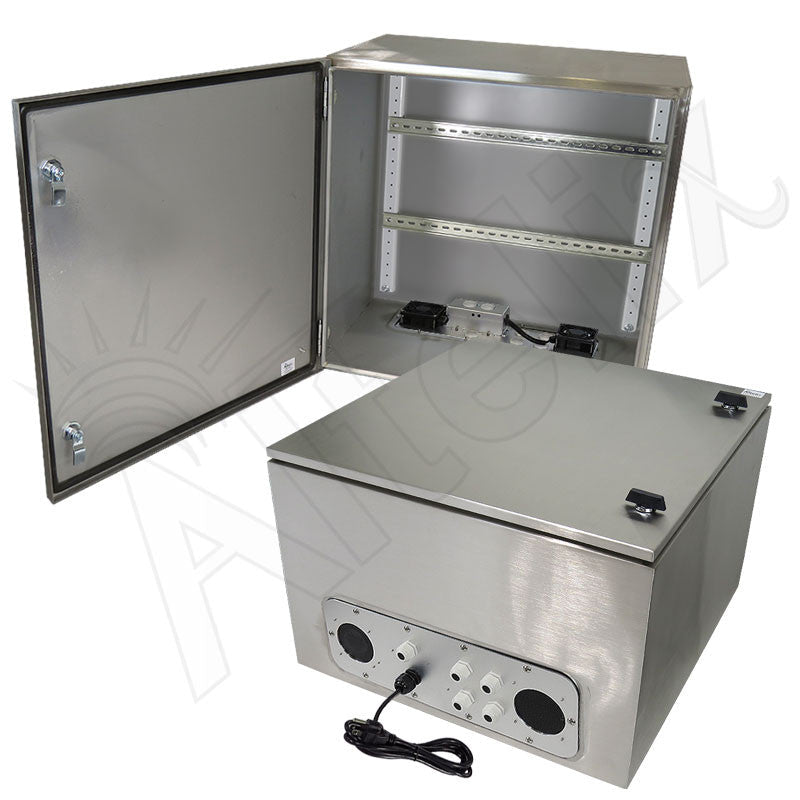 Altelix 24x24x16 Industrial DIN Rail Stainless Steel Weatherproof NEMA Enclosure with Dual Cooling Fans, Single 120 VAC Duplex Outlet and Power Cord - Nema Supply