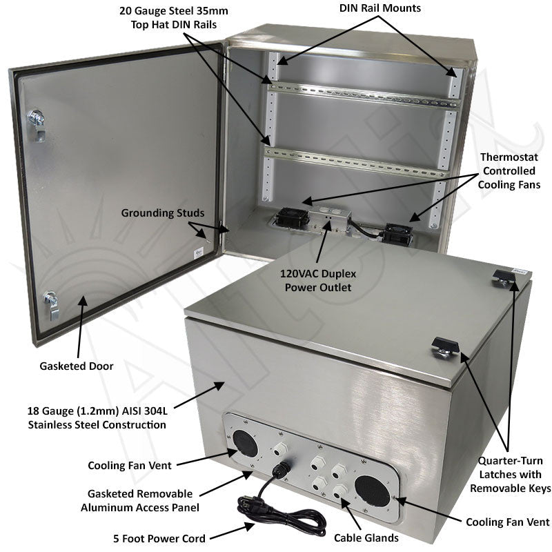 Altelix 24x24x16 Industrial DIN Rail Stainless Steel Weatherproof NEMA Enclosure with Dual Cooling Fans, Single 120 VAC Duplex Outlet and Power Cord - Nema Supply