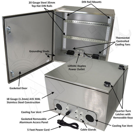 Altelix 24x24x16 Industrial DIN Rail Stainless Steel Weatherproof NEMA Enclosure with Dual Cooling Fans, Single 120 VAC Duplex Outlet and Power Cord - Nema Supply