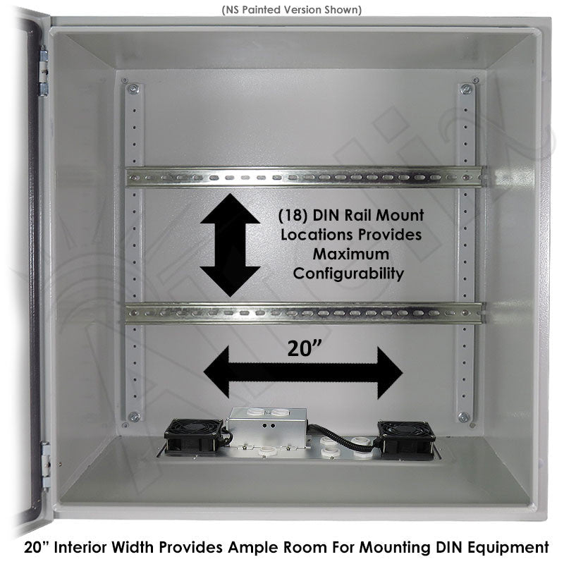 Altelix 24x24x16 Industrial DIN Rail Stainless Steel Weatherproof NEMA Enclosure with Dual Cooling Fans, Single 120 VAC Duplex Outlet and Power Cord - Nema Supply