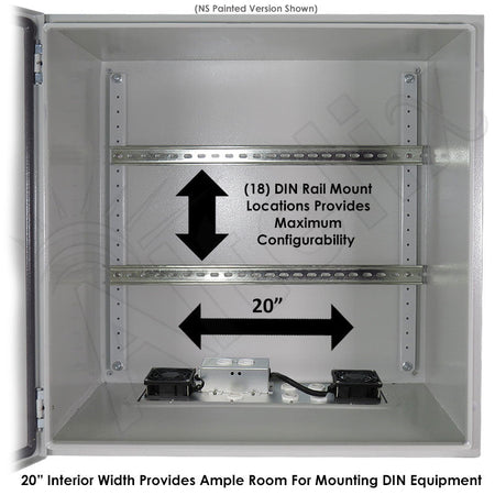 Altelix 24x24x16 Industrial DIN Rail Stainless Steel Weatherproof NEMA Enclosure with Dual Cooling Fans, Single 120 VAC Duplex Outlet and Power Cord - Nema Supply