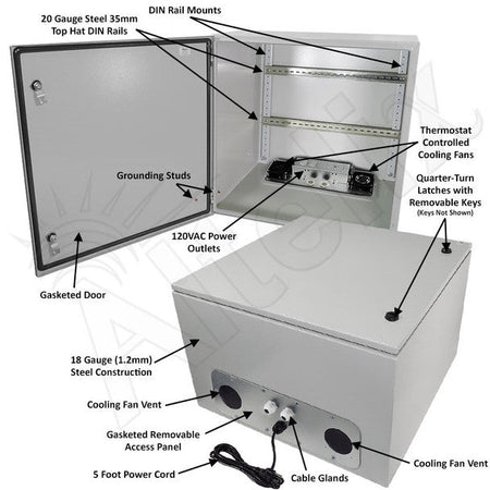 Altelix 24x24x16 Industrial DIN Rail Steel Weatherproof NEMA Enclosure with Dual Cooling Fans, 120 VAC Outlets and Power Cord - Nema Supply