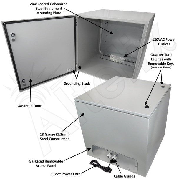 Altelix 24x24x24 NEMA 4X Steel Weatherproof Enclosure with 120 VAC Outlets and Power Cord - Nema Supply