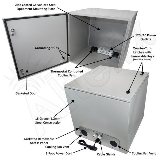 Altelix 24x24x24 Steel Weatherproof NEMA Enclosure with 120 VAC Outlets, Power Cord & 85°F Turn - On Cooling Fans - Nema Supply