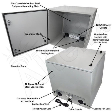 Altelix 24x24x24 Steel Weatherproof NEMA Enclosure with 120 VAC Outlets, Power Cord & 85°F Turn - On Cooling Fans - Nema Supply