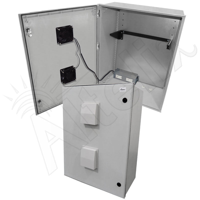Altelix 32x24x12 19" Wide 4U Vertical Rack Vented Fiberglass Weatherproof NEMA Enclosure with Dual Cooling Fans, 120 VAC Outlets & Power Cord- 85°F Turn-On - Nema Supply