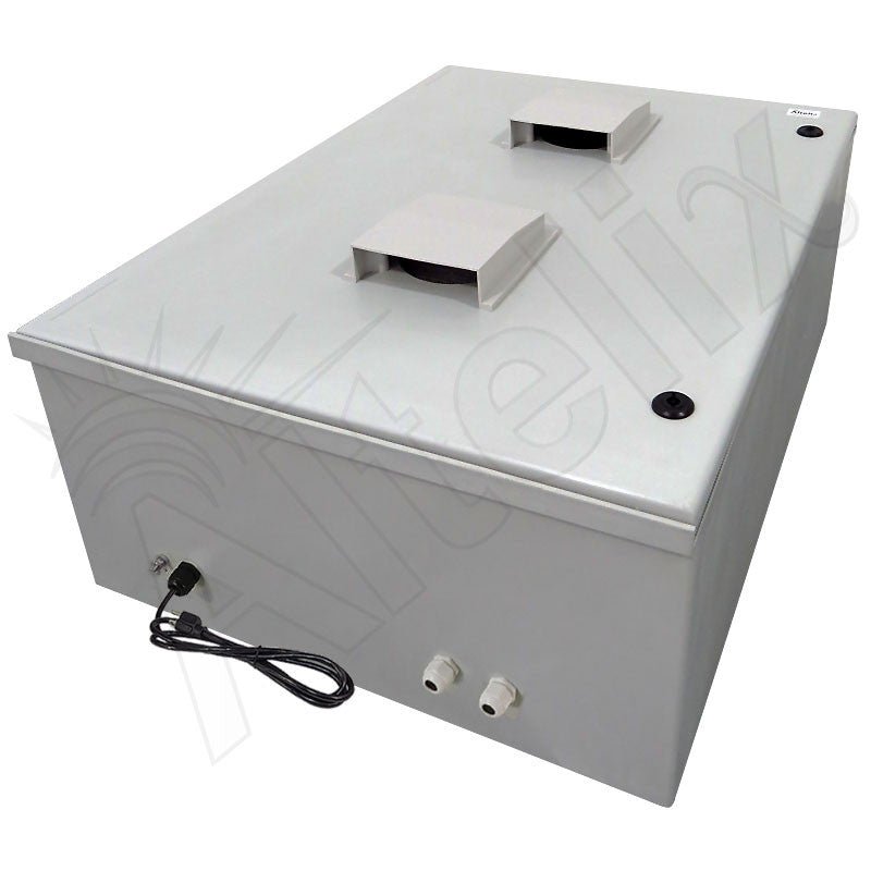 Altelix 32x24x12 19" Wide 4U Vertical Rack Vented Fiberglass Weatherproof NEMA Enclosure with Dual Cooling Fans, 120 VAC Outlets & Power Cord- 85°F Turn-On - Nema Supply