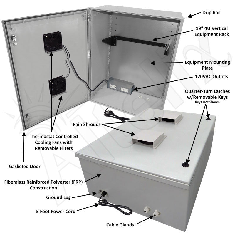 Altelix 32x24x12 19" Wide 4U Vertical Rack Vented Fiberglass Weatherproof NEMA Enclosure with Dual Cooling Fans, 120 VAC Outlets & Power Cord- 85°F Turn-On - Nema Supply