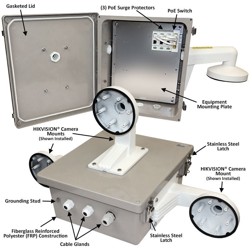 Altelix NEMA 4X Fiberglass Weatherproof Camera Security Cabinet with Three HIKVISION DS - 1273ZJ - 140 Camera Mounts - Nema Supply