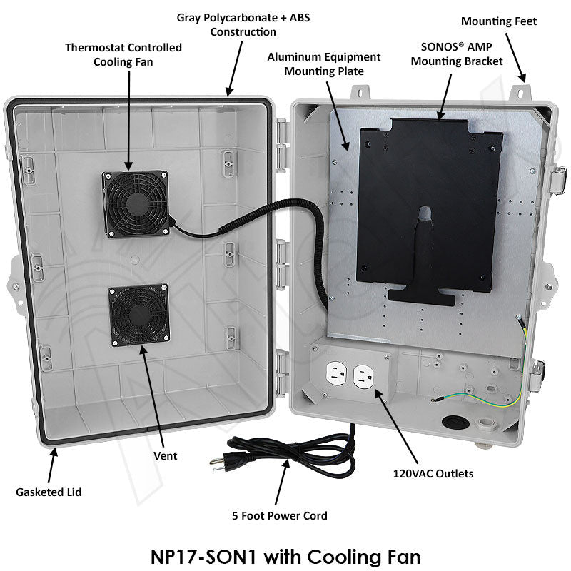 Altelix Weatherproof Enclosure for SONOS® AMP with 120 VAC Outlets, Cooling Fan with Programmable Temperature Controller and Power Cord - Nema Supply