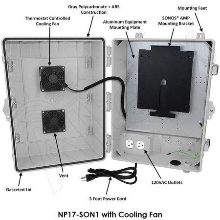 Altelix Weatherproof Enclosure for SONOS® AMP with 120 VAC Outlets, Cooling Fan with Programmable Temperature Controller and Power Cord - Nema Supply