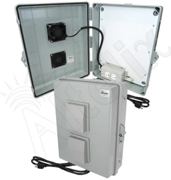 17x14x6 Vented Polycarbonate + ABS Weatherproof NEMA Enclosure with 120 VAC Outlets, Power Cord & 85°F Turn-On Cooling Fan