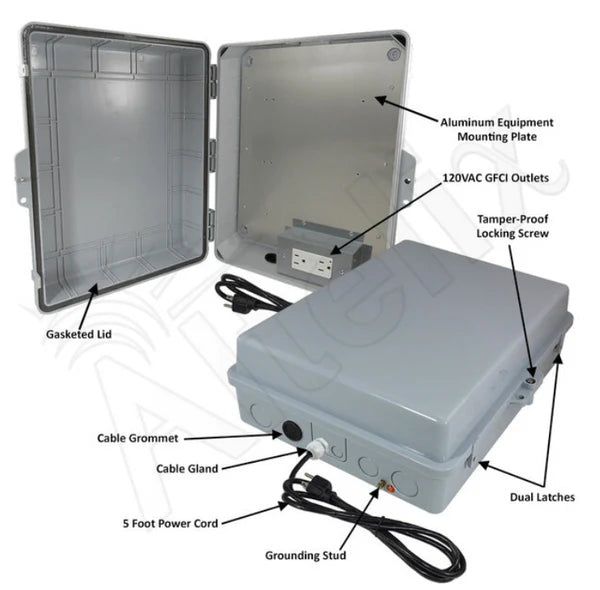 17x14x6 Polycarbonate + ABS Weatherproof NEMA Enclosure with Aluminum Mounting Plate, 120 VAC GFCI Outlets & Power Cord