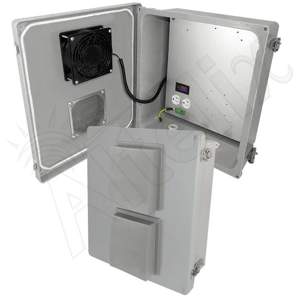 Altelix 14x12x6 Fiberglass Weatherproof Vented NEMA Enclosure with 120 VAC Outlets and Cooling Fan with Digital Temperature Controller
