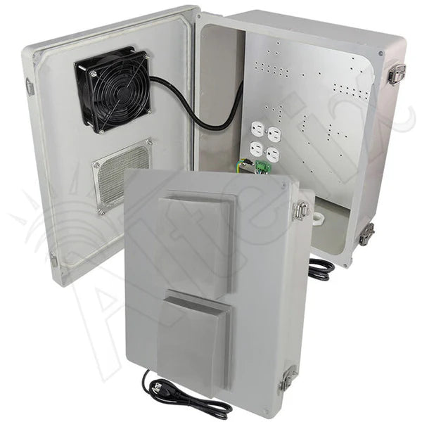 Altelix 14x12x8 Fiberglass Weatherproof Vented NEMA Enclosure with Cooling Fan, 120 VAC Outlets & Power Cord