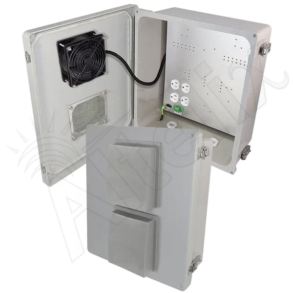 Altelix 14x12x6 Fiberglass Weatherproof Vented NEMA Enclosure with 120 VAC Outlets & 85°F Turn-On Cooling Fan