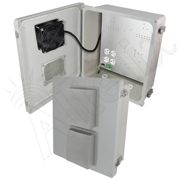 Altelix 14x12x6 Fiberglass Vented & Heated Weatherproof NEMA Enclosure with 120 VAC Outlets, 200W Heater & 85°F Turn-On Cooling Fan