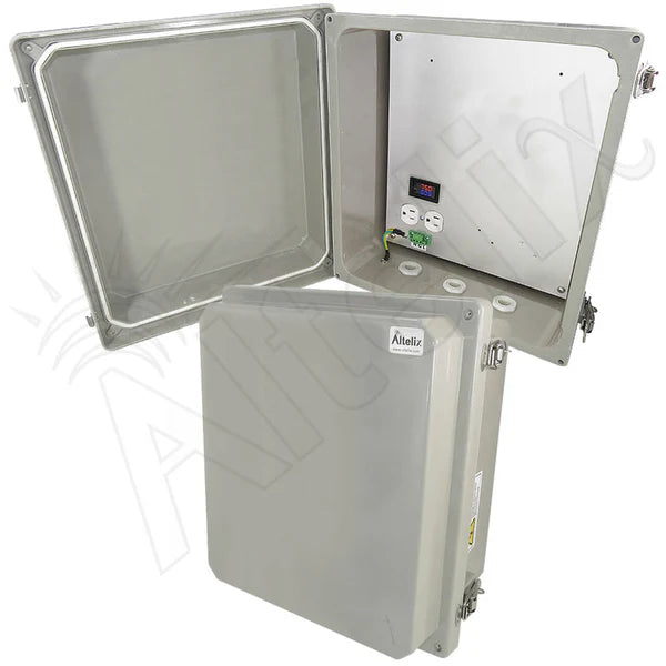 Altelix 14x12x8 Fiberglass Weatherproof Vented NEMA Enclosure with 120 VAC Outlets, Power Cord & Cooling Fan with Digital Temperature Controller