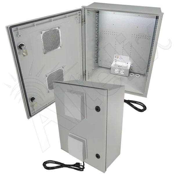 Altelix 20x16x8 Vented Fiberglass Weatherproof NEMA Enclosure with Equipment Mounting Plate, 120 VAC Outlets & Power Cord
