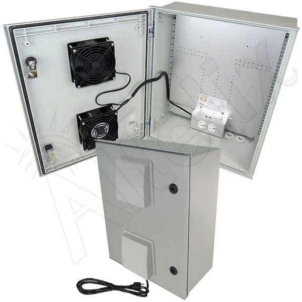 Altelix 20x16x8 Vented Fiberglass Heated Weatherproof NEMA Enclosure with 120 VAC Outlets, Power Cord, 200W Heater & Dual 85°F Turn-On Cooling Fans
