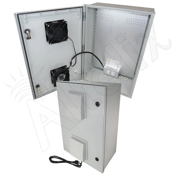 Altelix 24x16x9 Vented Fiberglass Heated Weatherproof NEMA Enclosure with 120 VAC Outlets, Power Cord, 400W Heater & Dual 85°F Turn-On Cooling Fans