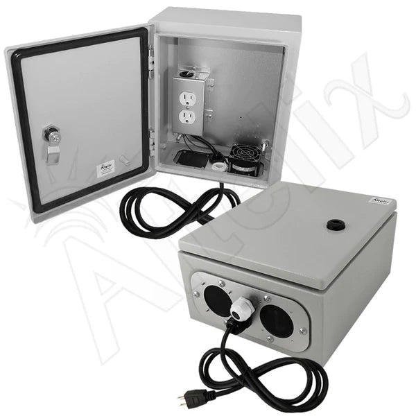 Altelix 12x10x6 Steel Weatherproof NEMA Enclosure with Cooling Fan, 120 VAC Outlets and Power Cord