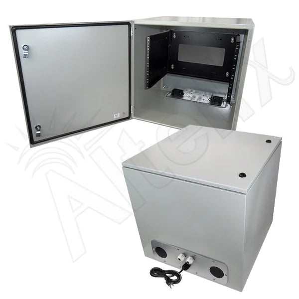 Altelix 28x24x16 120VAC 20A Steel NEMA Enclosure for UPS Power Systems with 19" Wide 6U Rack, 20A Power Outlets, Power Cord & 85°F Turn-On Cooling Fans